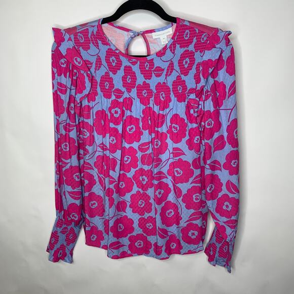 NWT Charter Club Pink Periwinkle Blue Mod Floral Blouse Sz XS - Picture 1 of 6